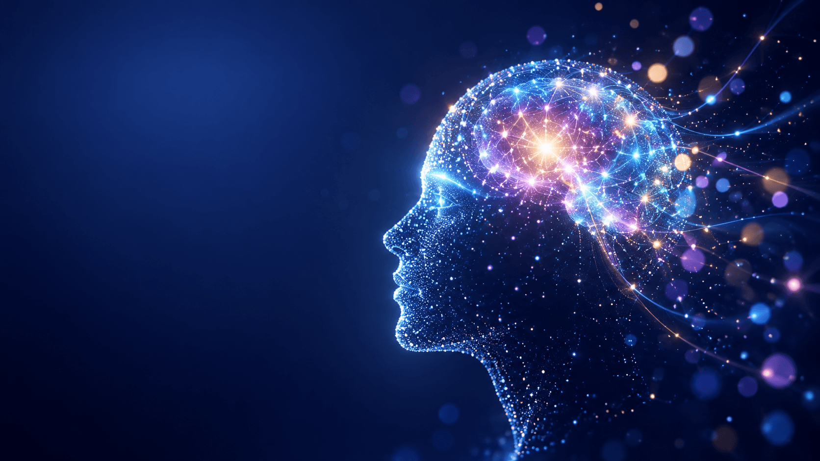 Illustration of a human profile with a glowing, connected mind